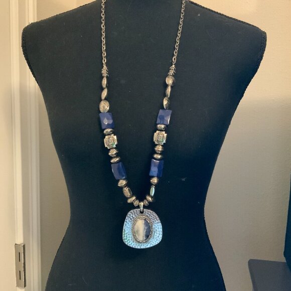 Chico's Textured Metal Pendant Blue Silver Etched Beaded Long Chain Necklace - Picture 3 of 6